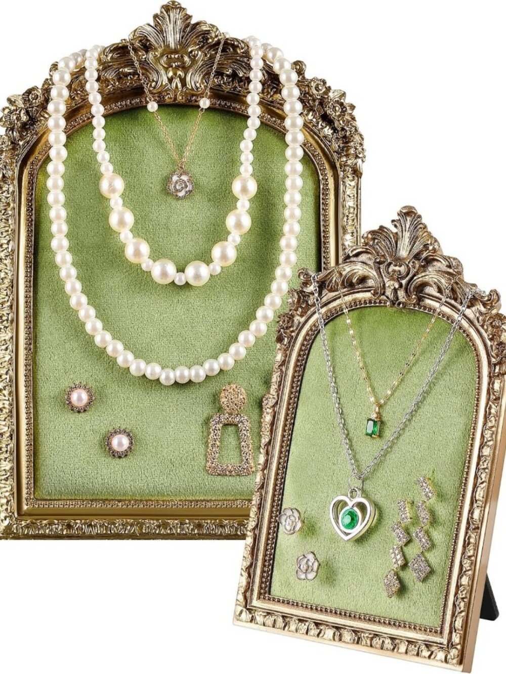 Elegant Vintage Gold Jewelry Display Frames Set - 2 Pcs, Large & Small, Green
